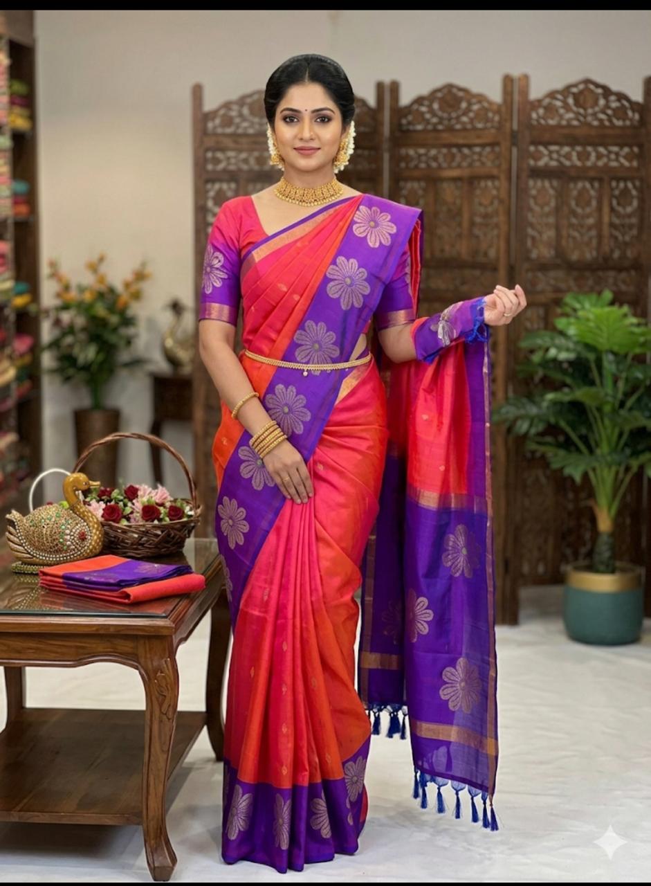 Elegant Pink Purple Floral Soft Silk Saree